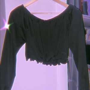 Ruched black off the shoulder crop top